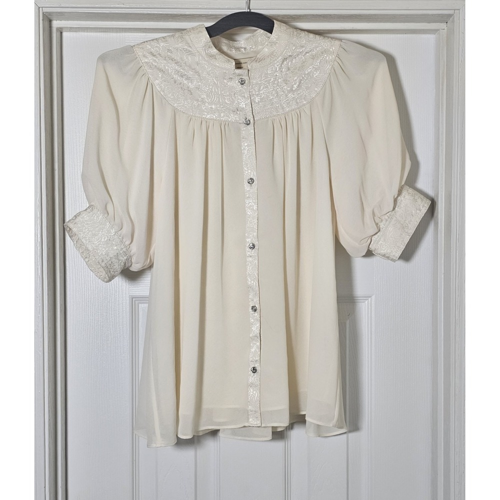 Moulinette Soeurs By Anthropologie Short Sleeve Blouse Size 0‎ Ivory Retro Asian